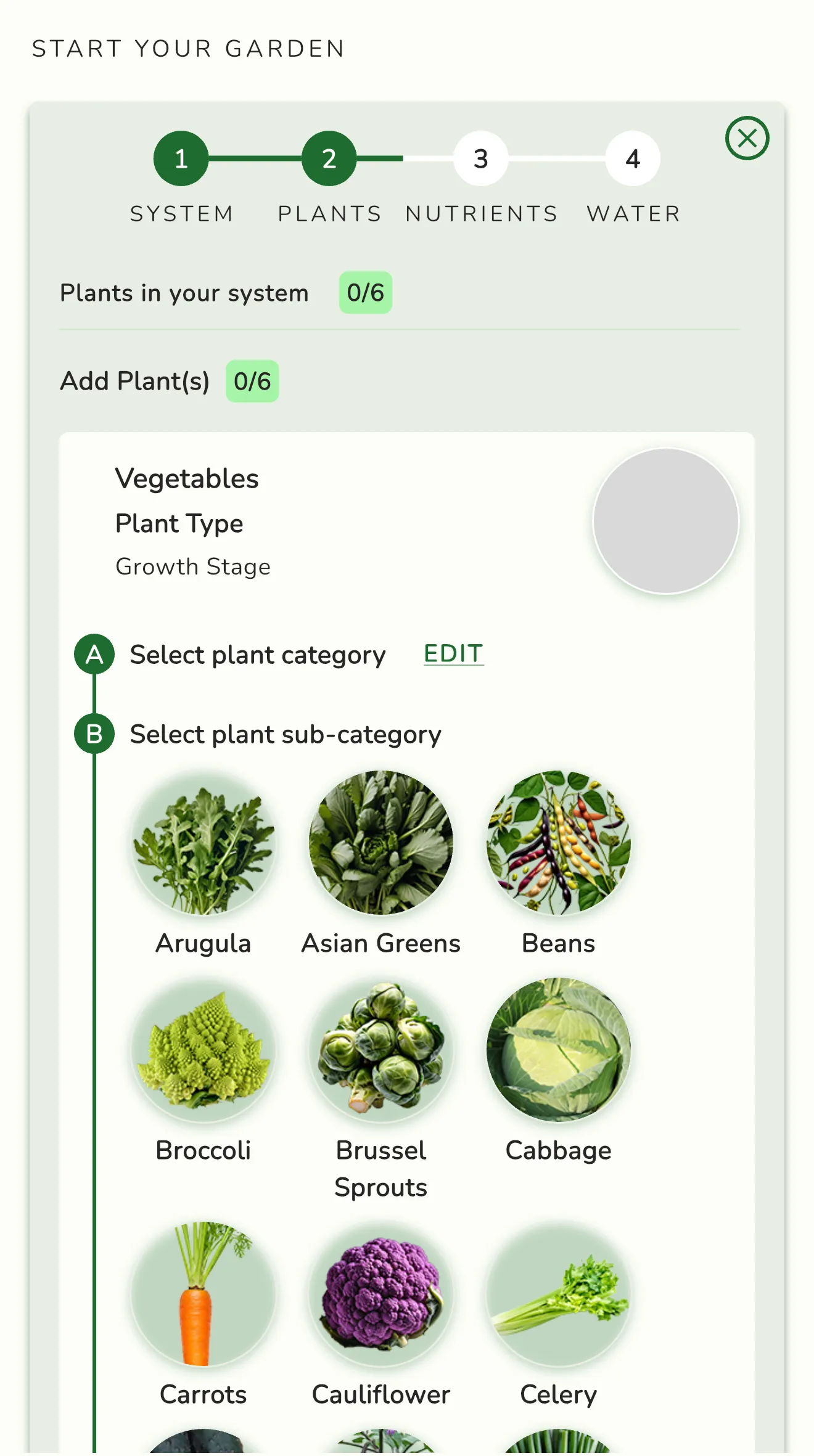 Ponics app plant selection screen — choose what you're growing for customized nutrient guidance
